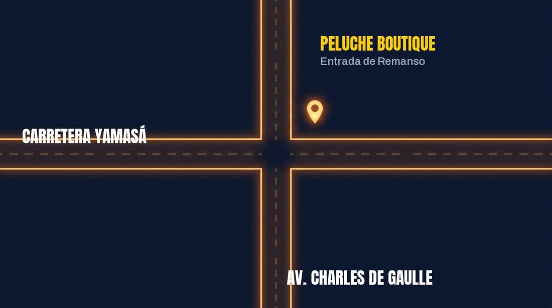 Esquema de calles con la ubicación de Peluche Boutique: entrada de Remanso, sobre la Carretera Yamasá, cerca del cruce con la Av. Charles de Gaulle