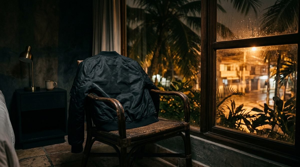 Chaqueta bomber negra sobre una silla de madera, junto a una ventana con palmeras y la calle mojada de noche