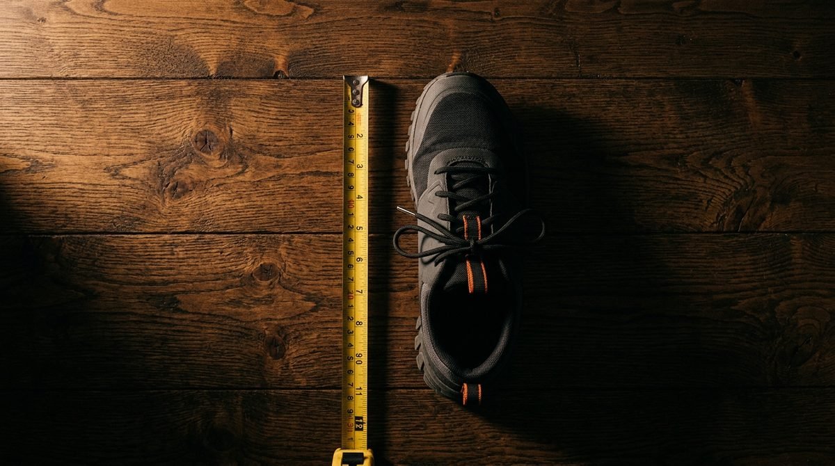Un tenis junto a una cinta métrica amarilla extendida sobre una mesa de madera