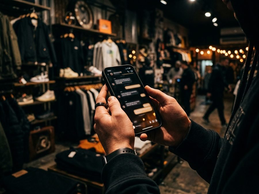 Manos sosteniendo un celular con una conversación abierta, dentro de una tienda de ropa urbana con perchas y tenis en las repisas