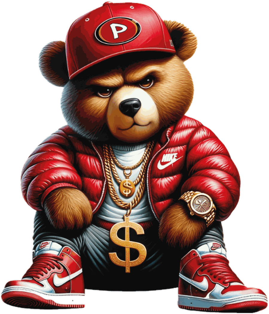 Mascota de Peluche Boutique: oso con gorra roja, chaqueta y sneakers
